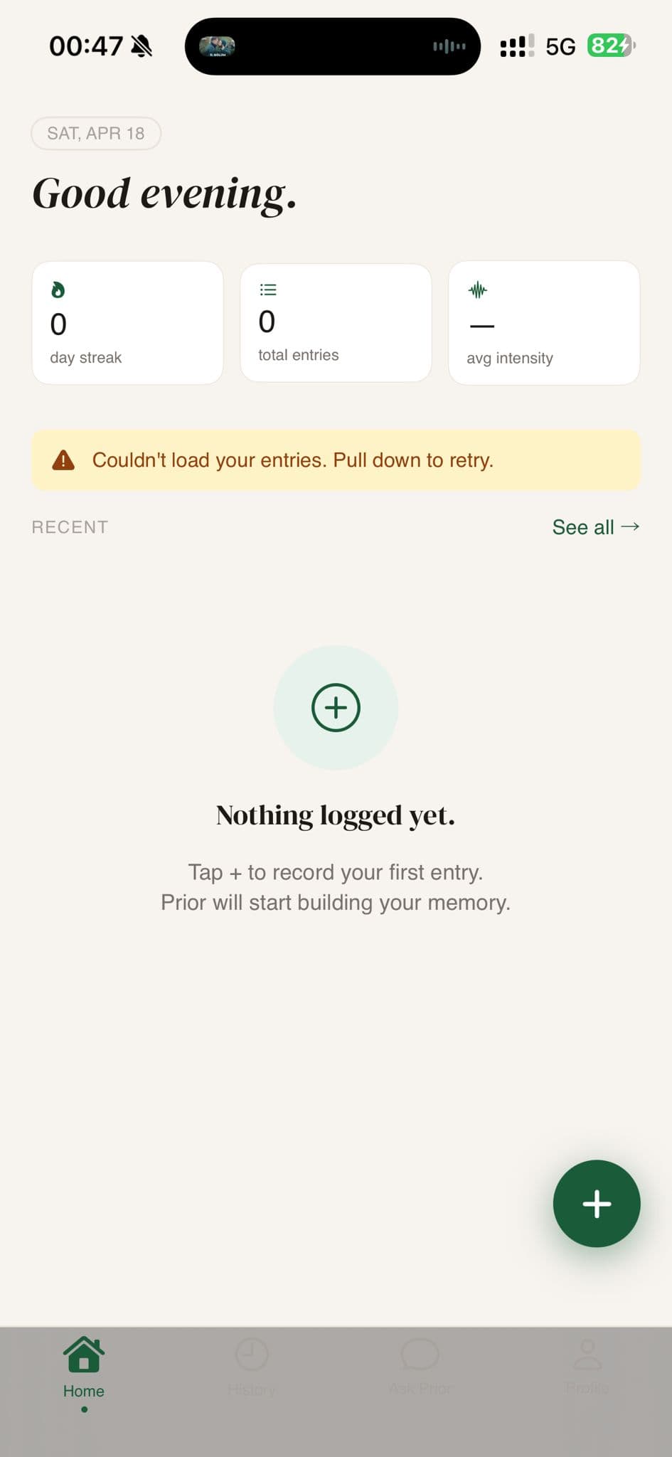 PriorAI context logging screen with quick tags like Post-exercise, Low sleep