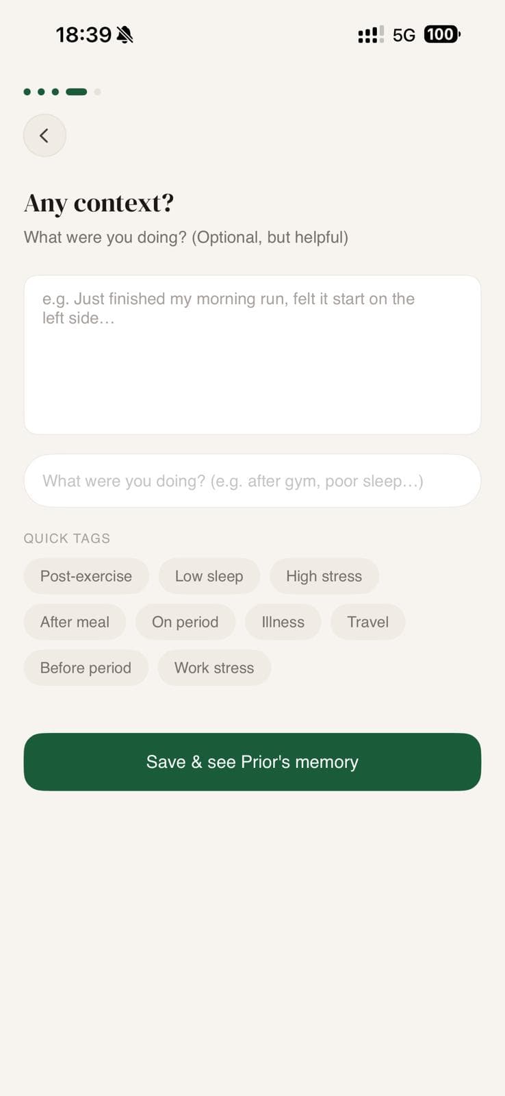 PriorAI home screen showing day streak, entries, and logging prompt
